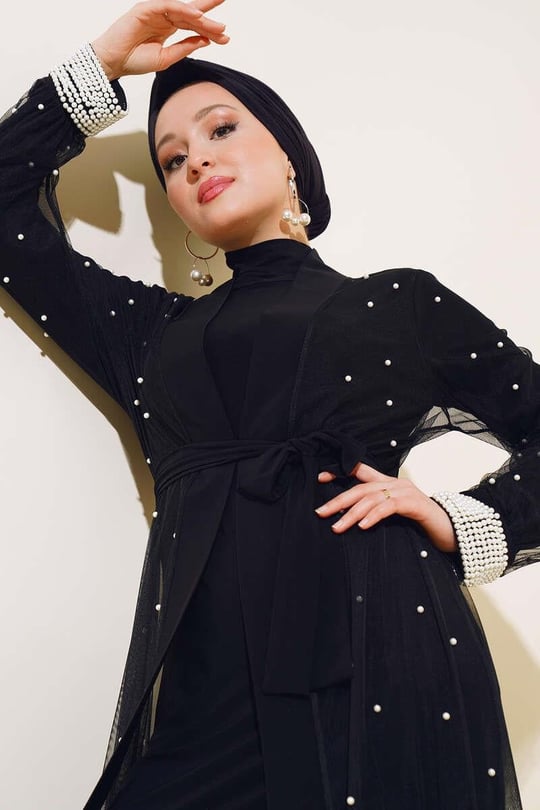 İnci Tül Abaya Takımı siyah