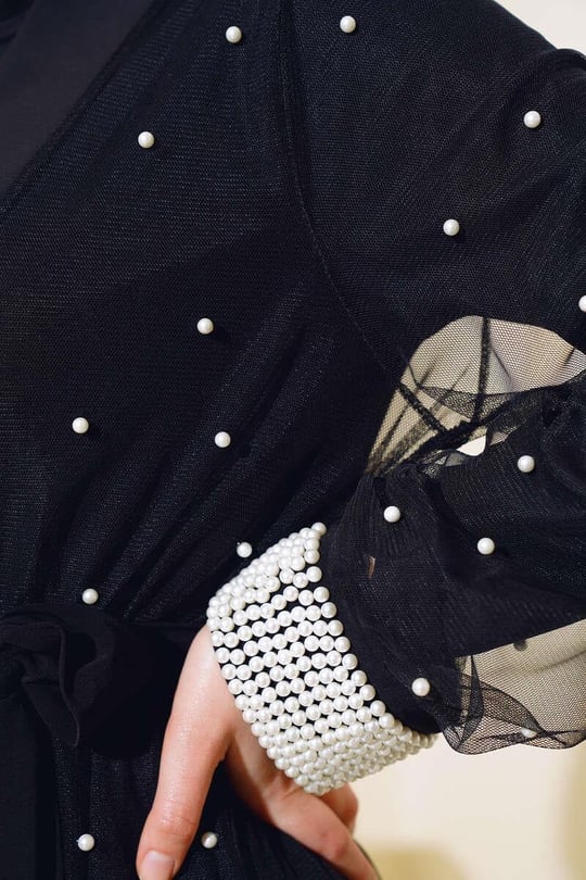 İnci Tül Abaya Takımı siyah