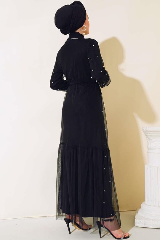 İnci Tül Abaya Takımı siyah
