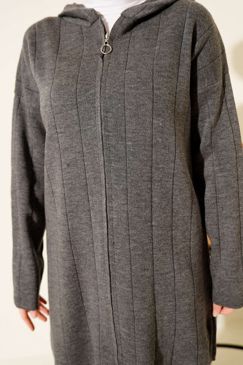 Kapüşonlu Fermuarlı Triko İkili Takım gri