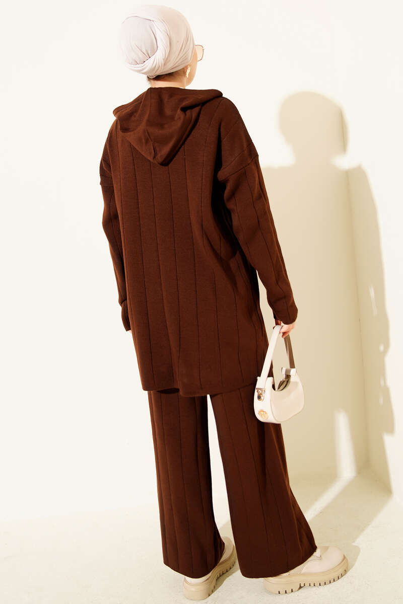 Kapüşonlu Fermuarlı Triko İkili Takım kahverengi