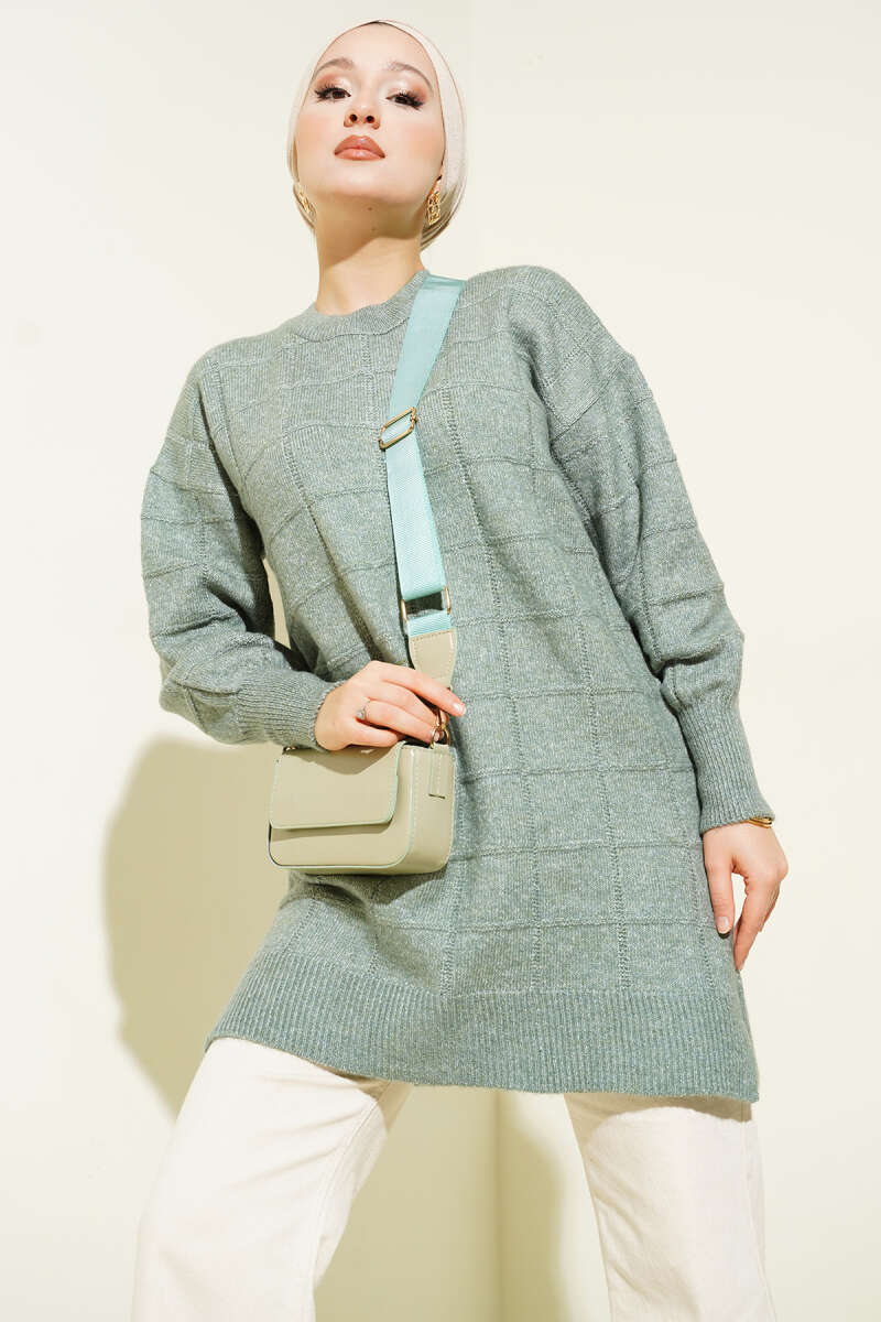Kare Desenli Yumoş Triko Tunik mint