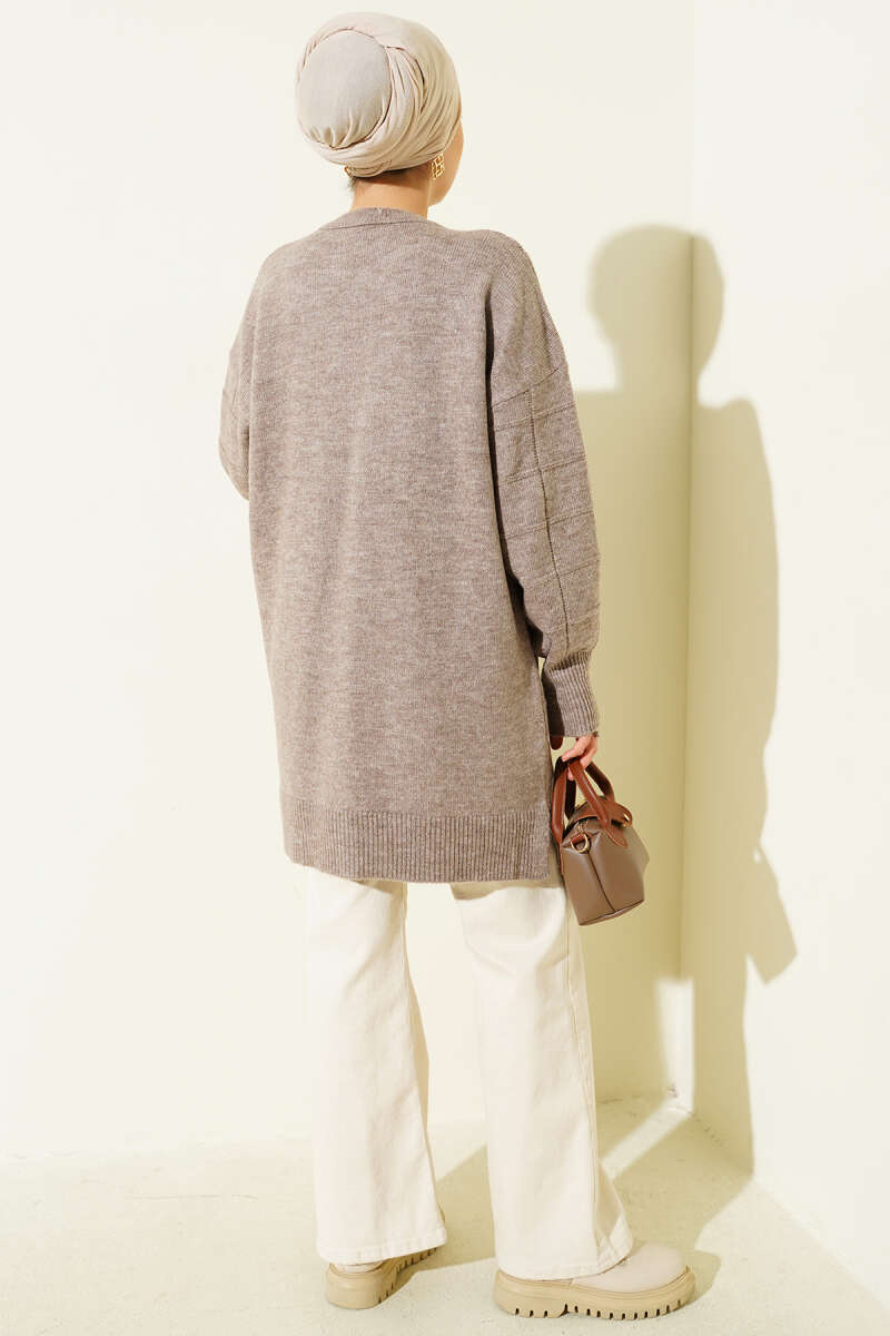 Kare Desenli Yumoş Triko Tunik vizon