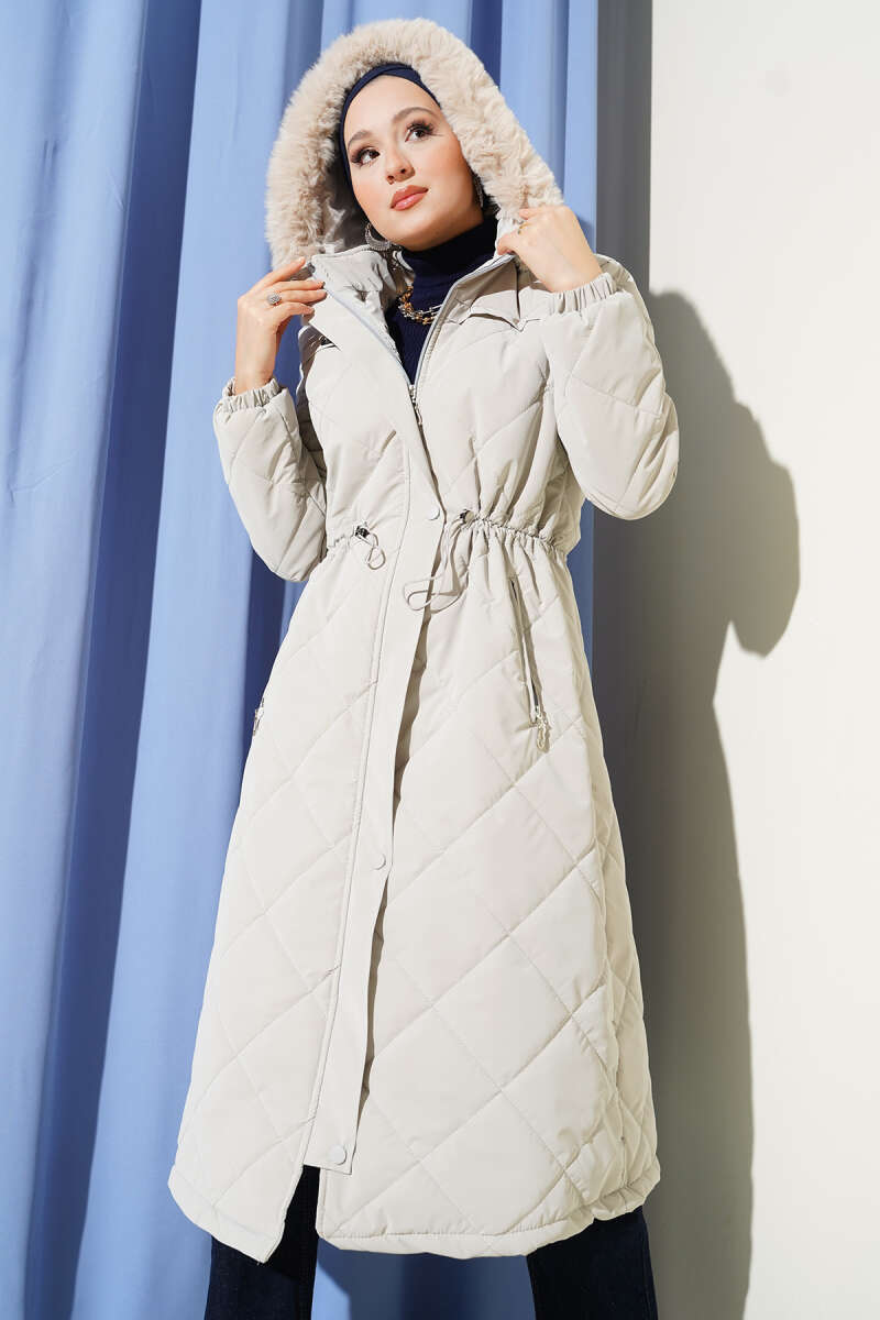 Kürk Kapüşonlu Kapitone Uzun Mont Taş