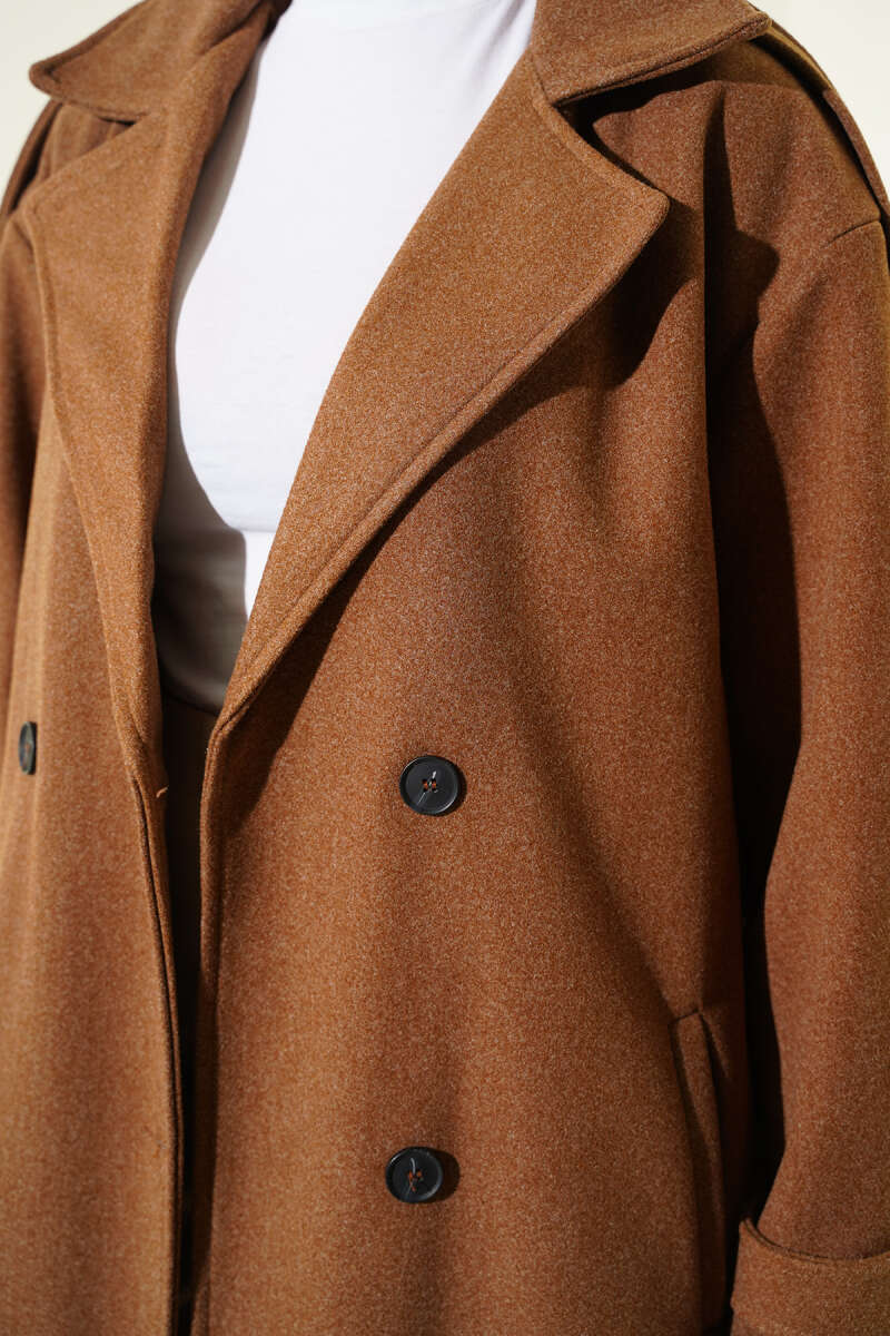 Kuşaklı Düğme Detaylı Kaşe Kaban Kestane