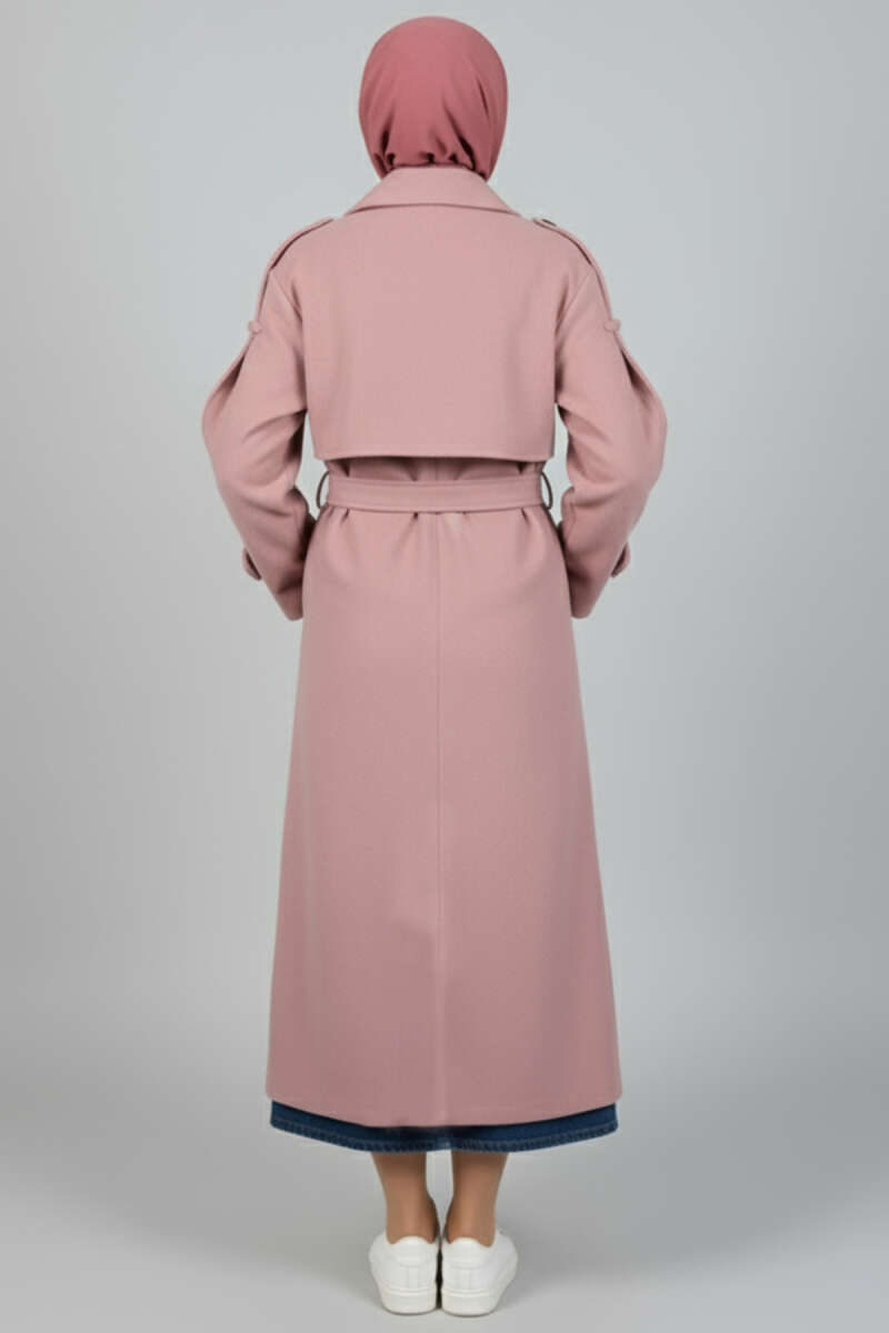 Kuşaklı Düğme Detaylı Kaşe Kaban pudra