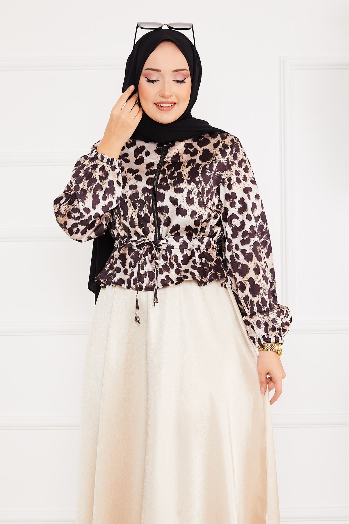Leopar Desenli Saten Takım Bej