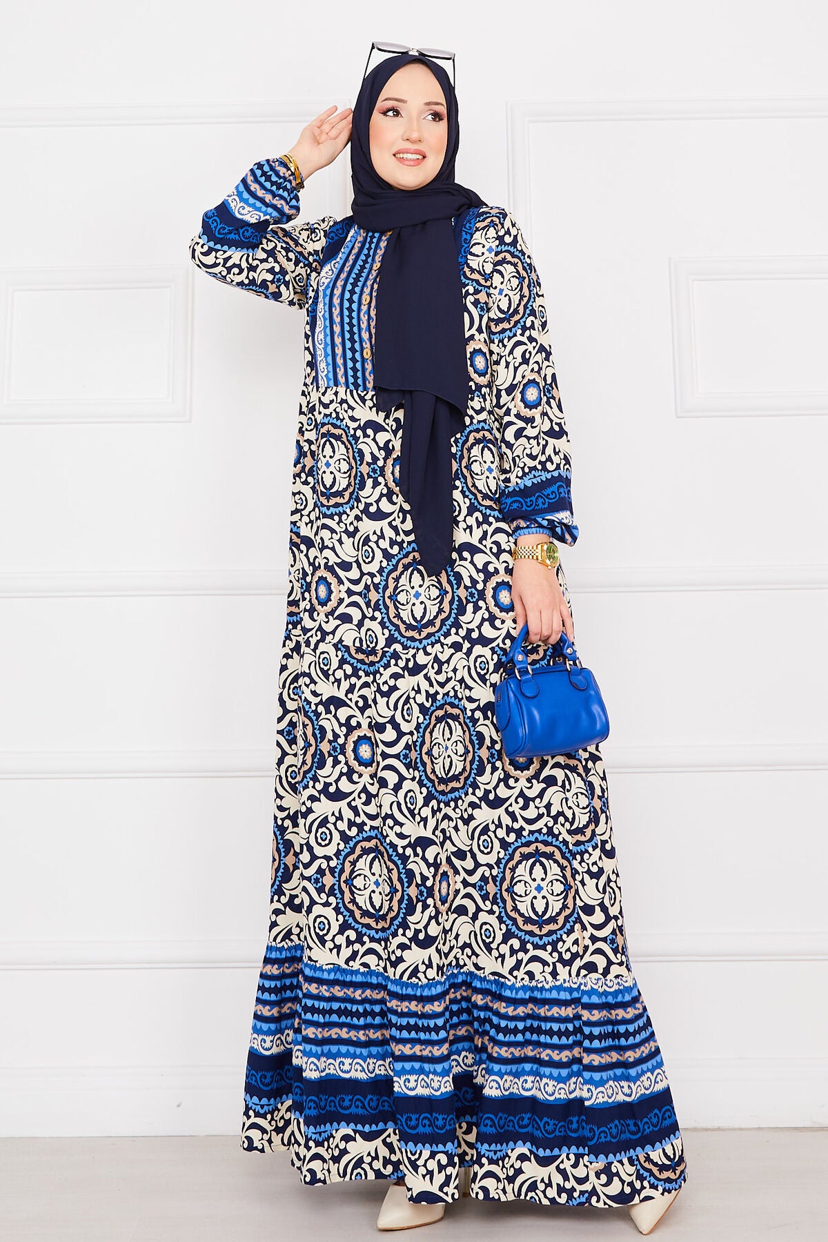 Desenli Viskon Tesettür Elbise indigo