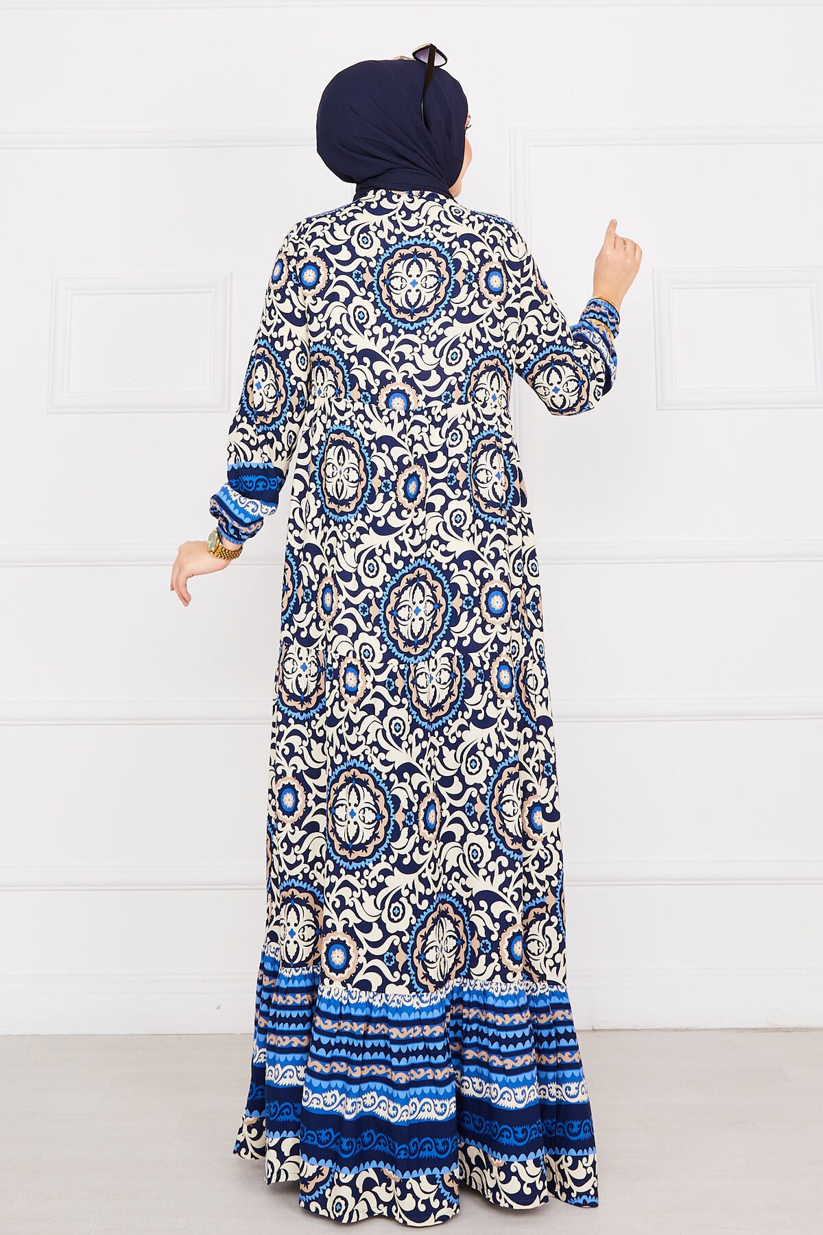 Desenli Viskon Tesettür Elbise indigo