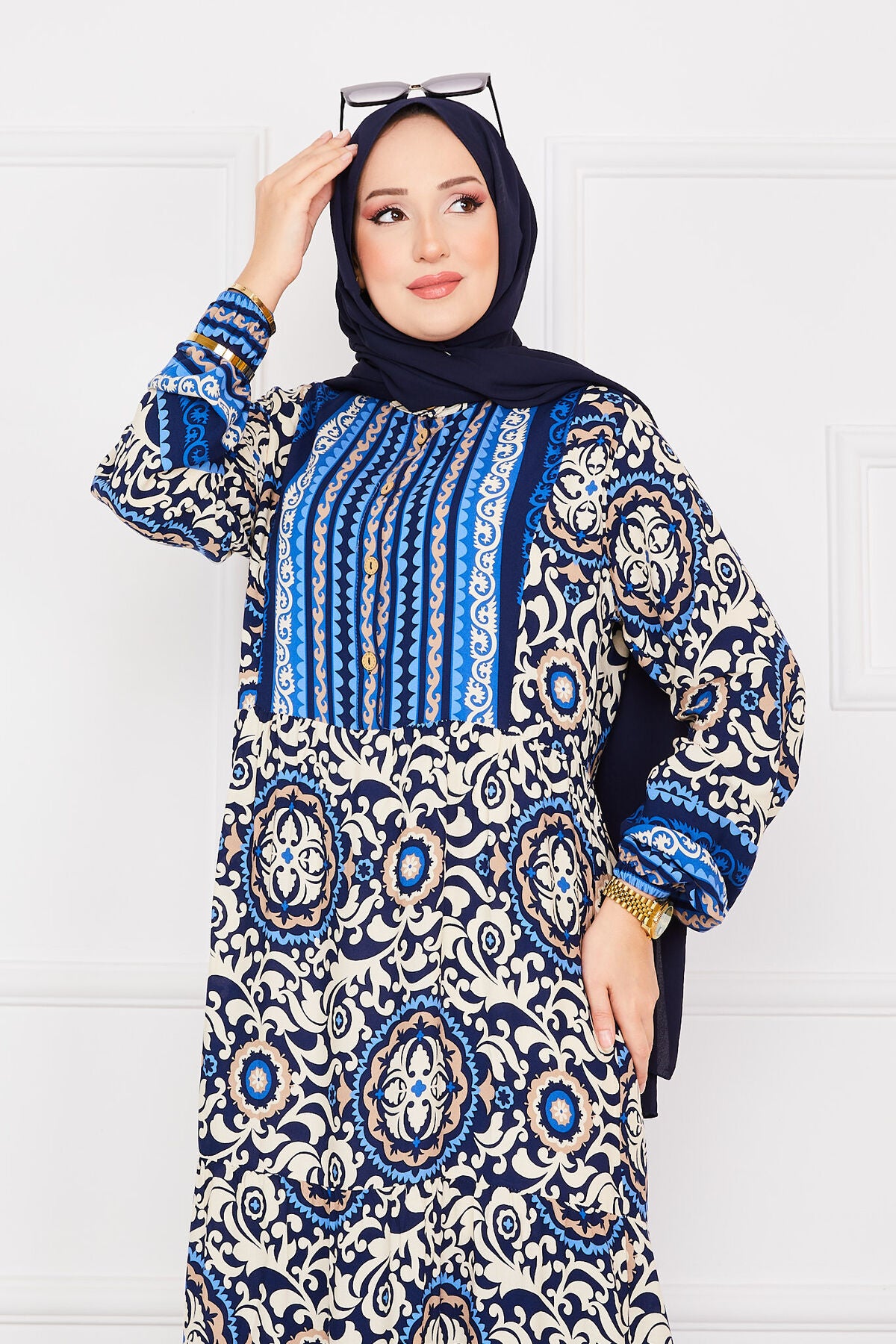 Desenli Viskon Tesettür Elbise indigo