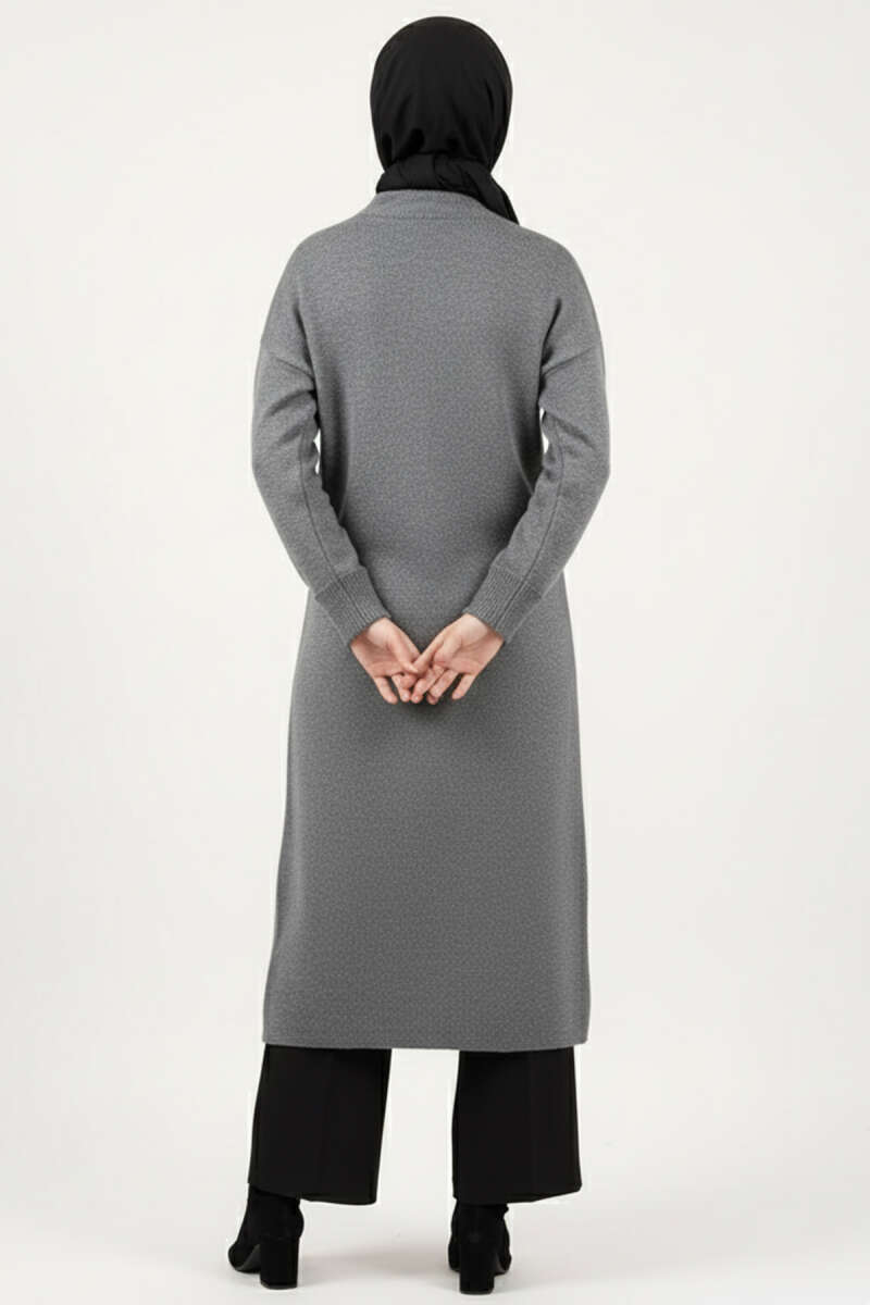 Metal Gold Düğmeli Uzun Triko Hırka gri