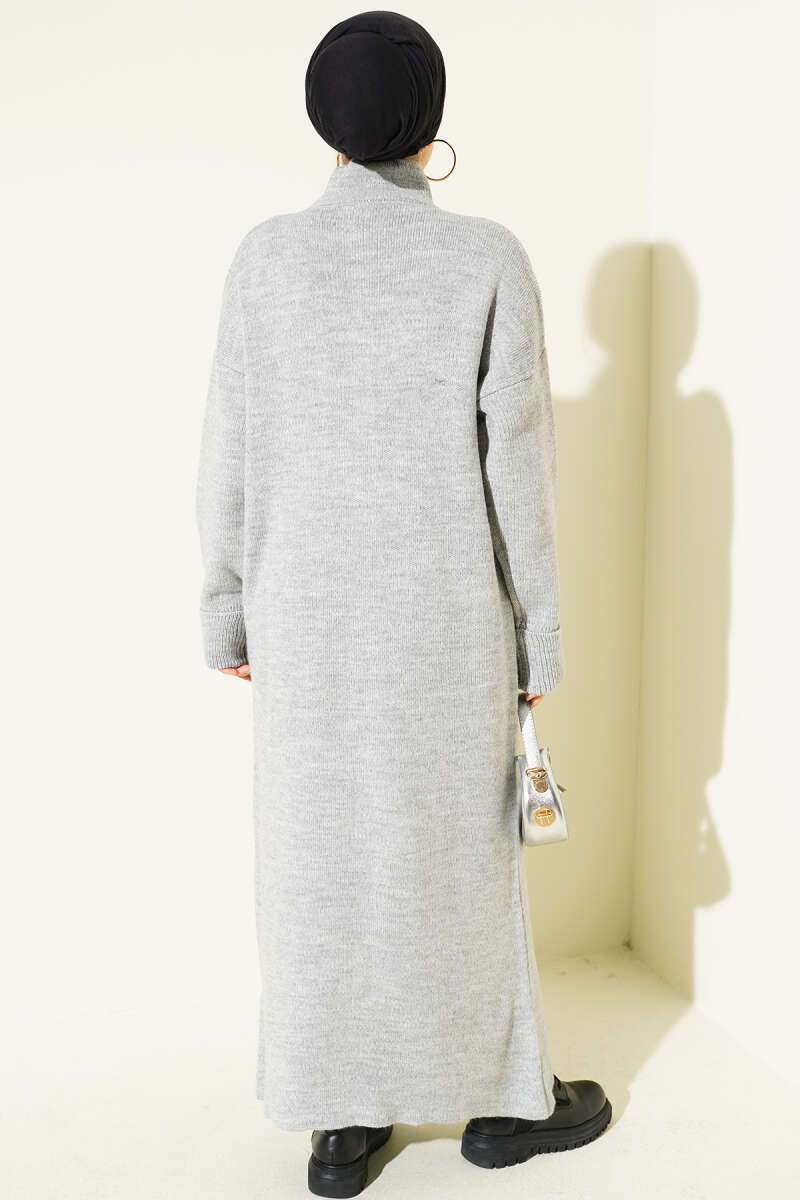 Metal Gold Düğmeli Uzun Triko Hırka açık gri