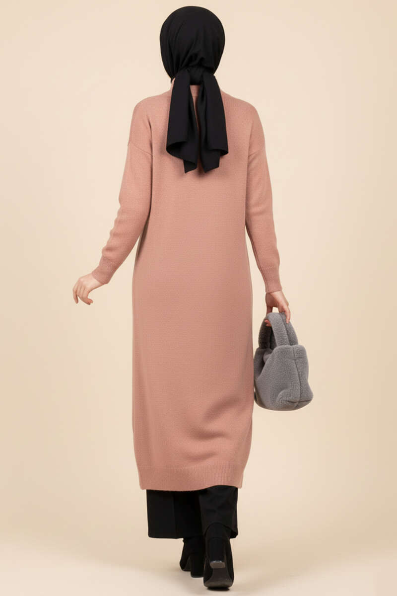 Metal Gold Düğmeli Uzun Triko pudra