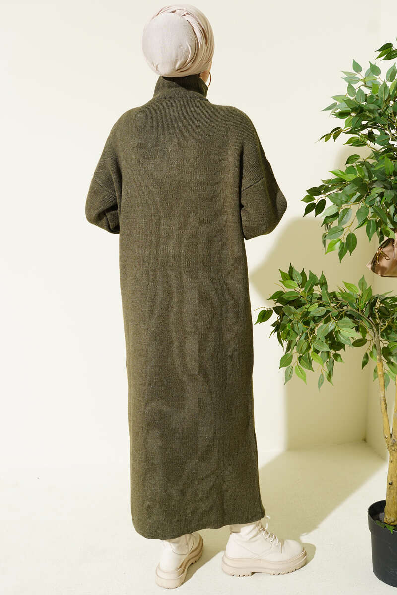 Metal Gold Düğmeli Uzun Triko Hırka haki