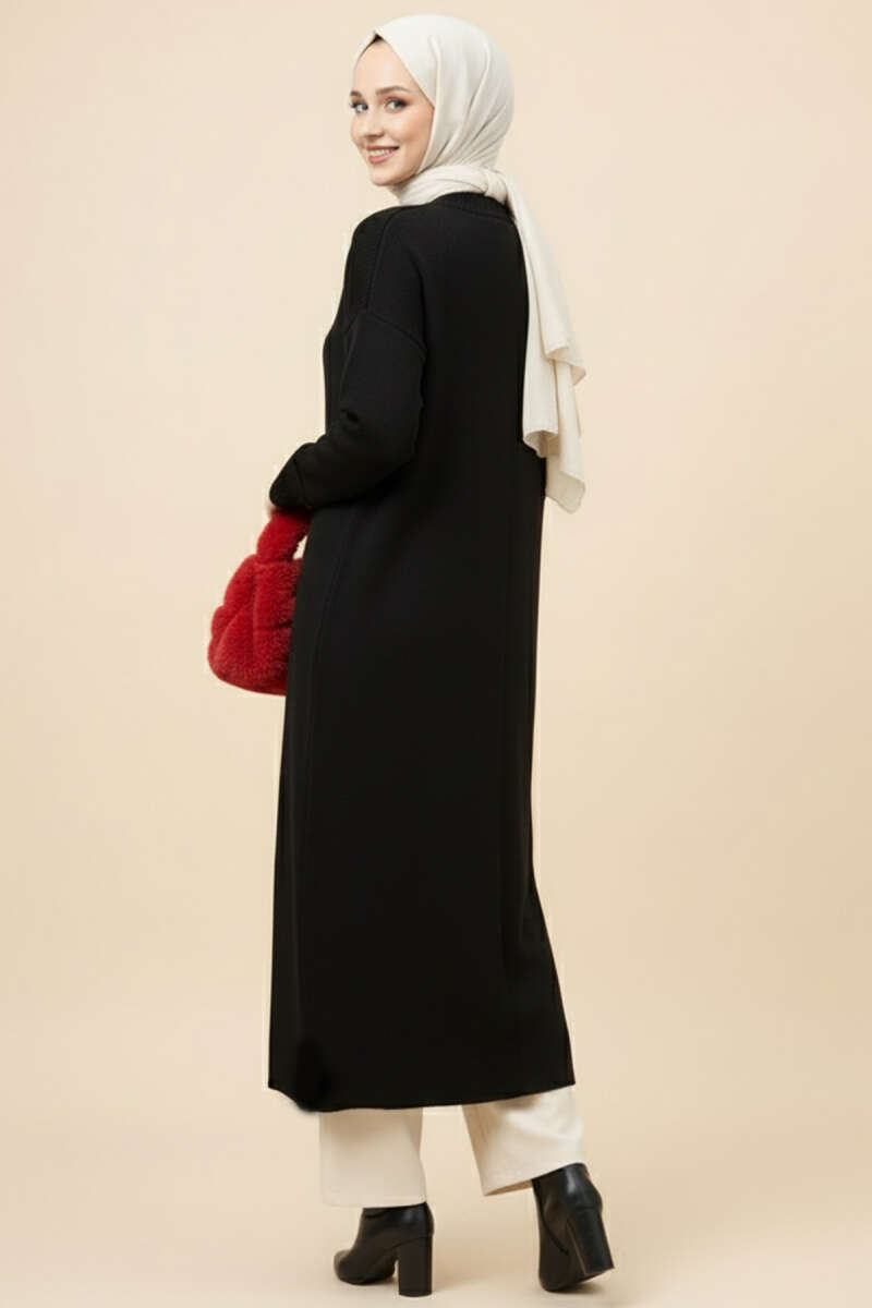 Metal Gold Düğmeli Uzun Triko Hırka siyah