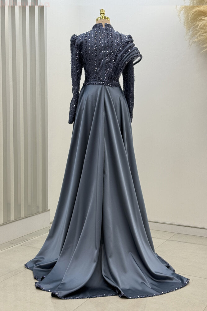 Omuz Detaylı Saten Abiye indigo