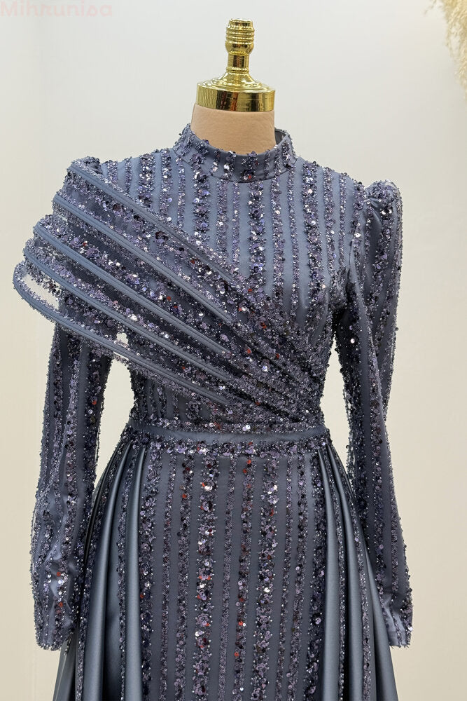 Omuz Detaylı Saten Abiye indigo