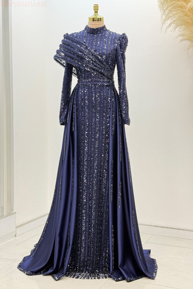 Omuz Detaylı Saten Abiye Lacivert