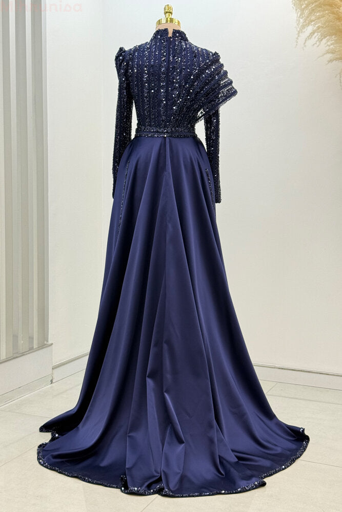 Omuz Detaylı Saten Abiye Lacivert