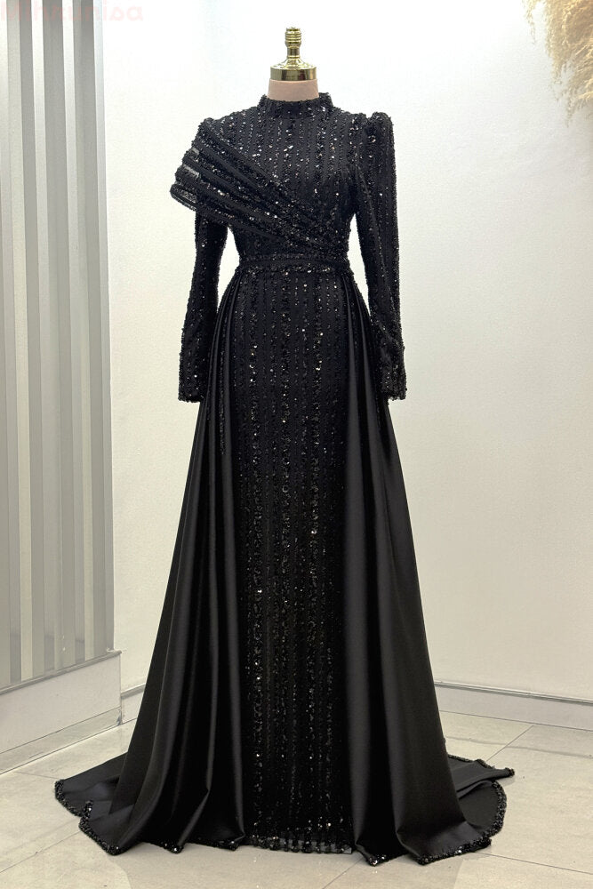 Omuz Detaylı Saten Abiye siyah