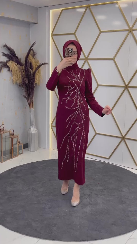 Aplik İşlemeli Kalem Abiye bordo