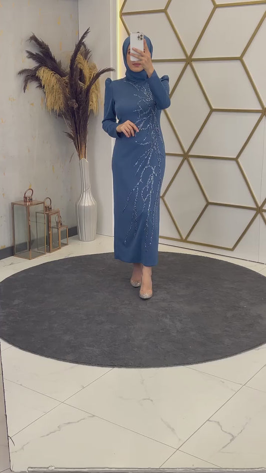 Aplik İşlemeli Kalem Abiye mavi