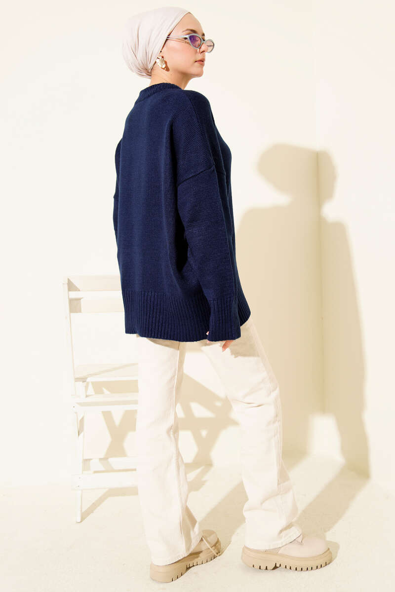 Riban Görünümlü Triko Tunik Lacivert