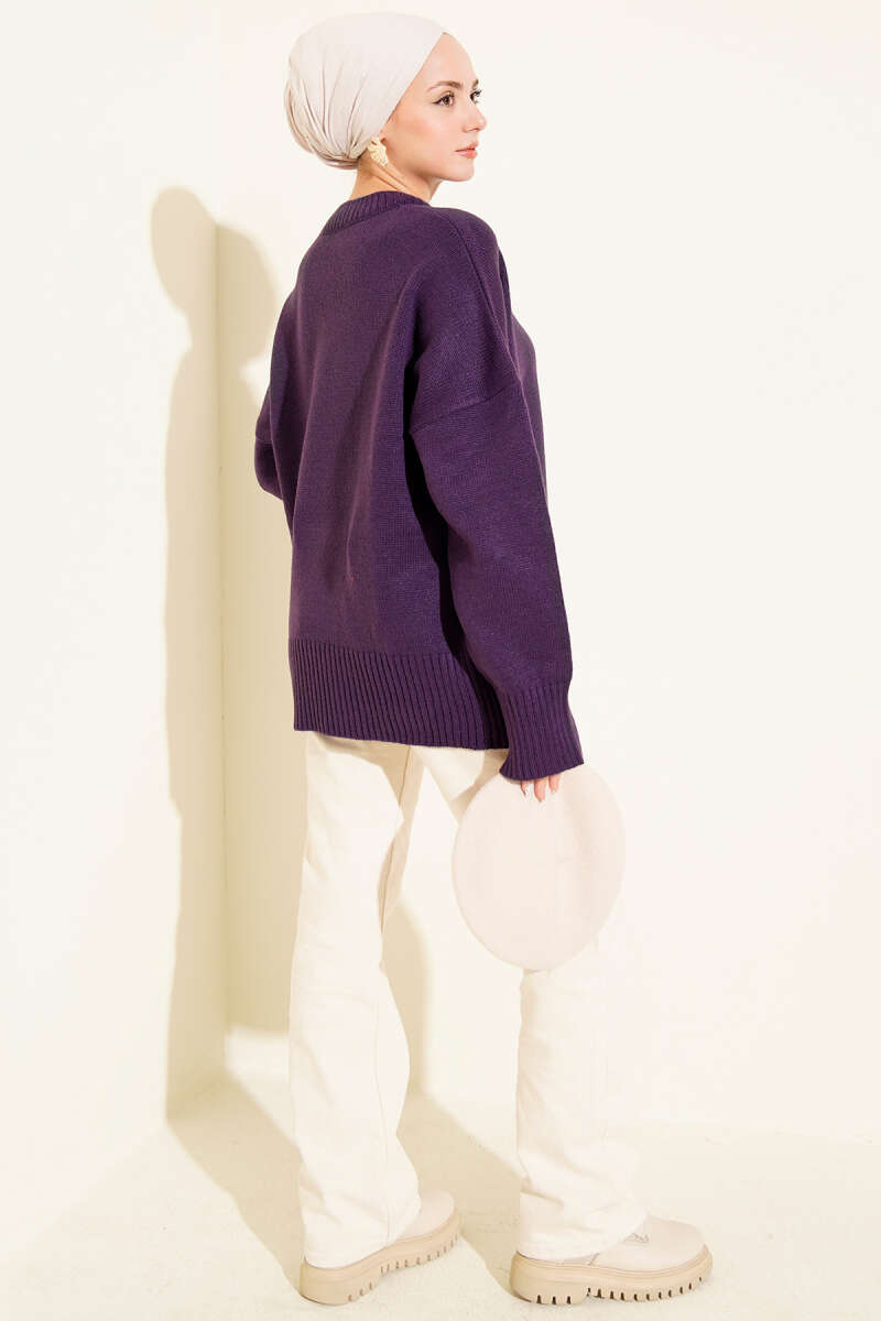 Riban Görünümlü Triko Tunik mor