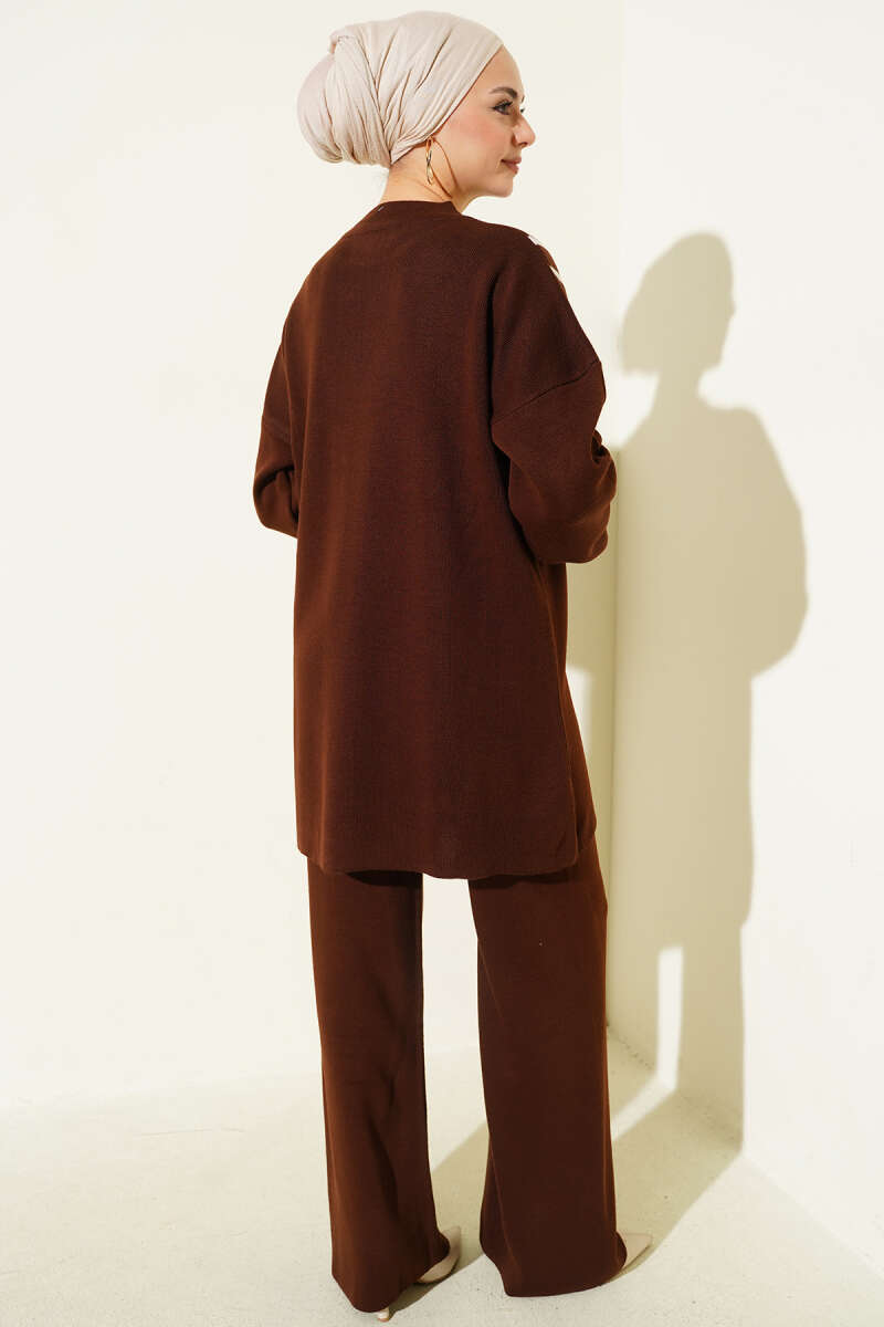 Düğmeli Triko İkili Takım kahverengi