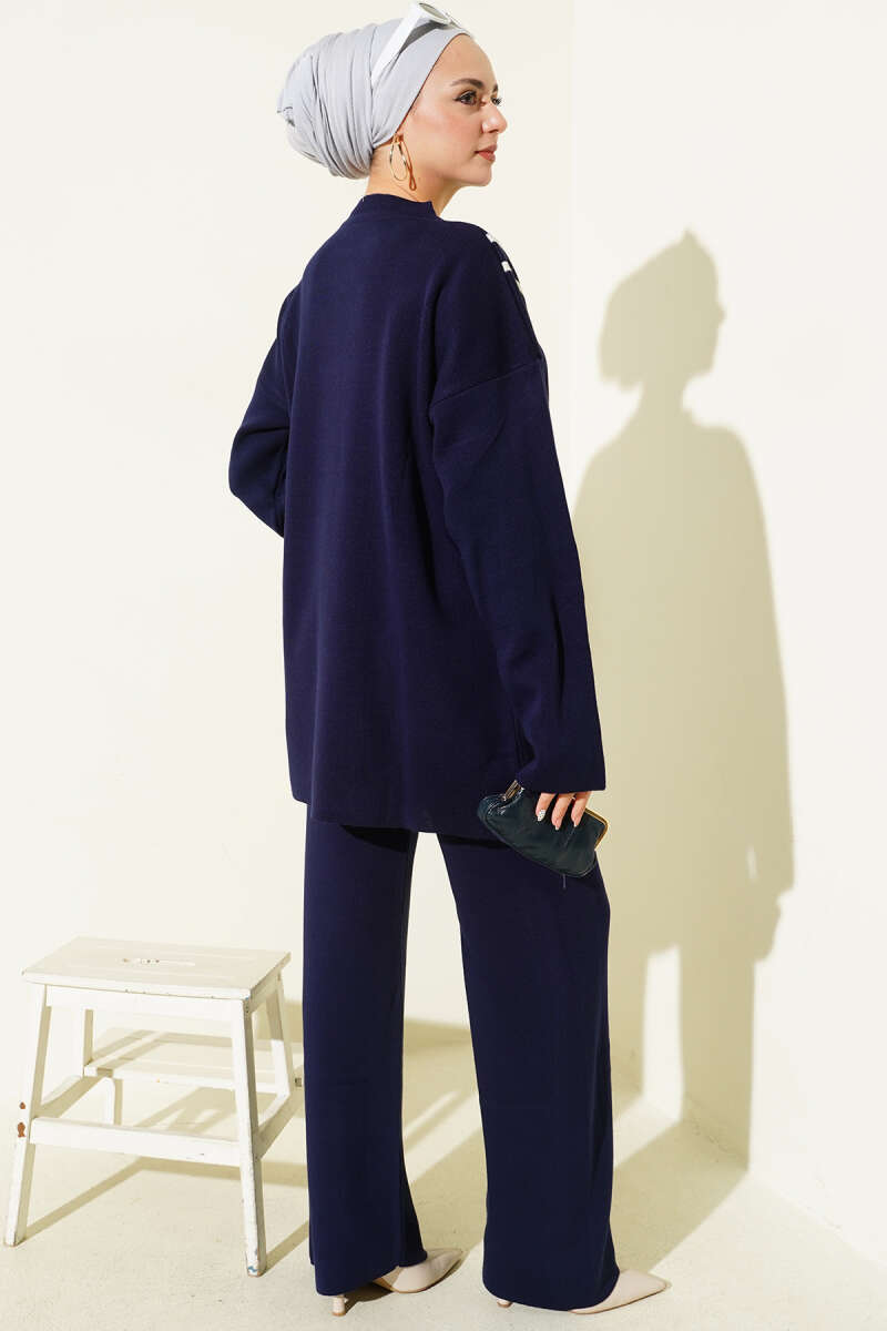 Düğmeli Triko İkili Takım Lacivert