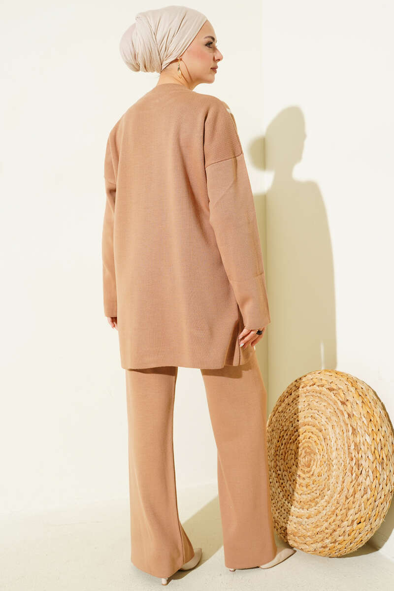 Düğmeli Triko İkili Takım bej
