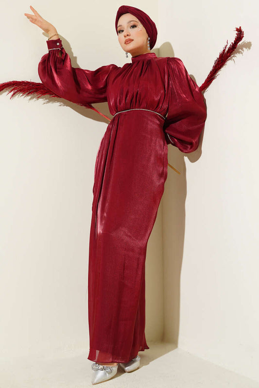 Taşlı Balon Kol Abiye Elbise bordo