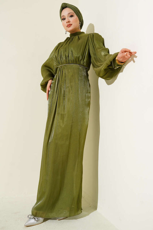 Taşlı Balon Kol Abiye Elbise haki