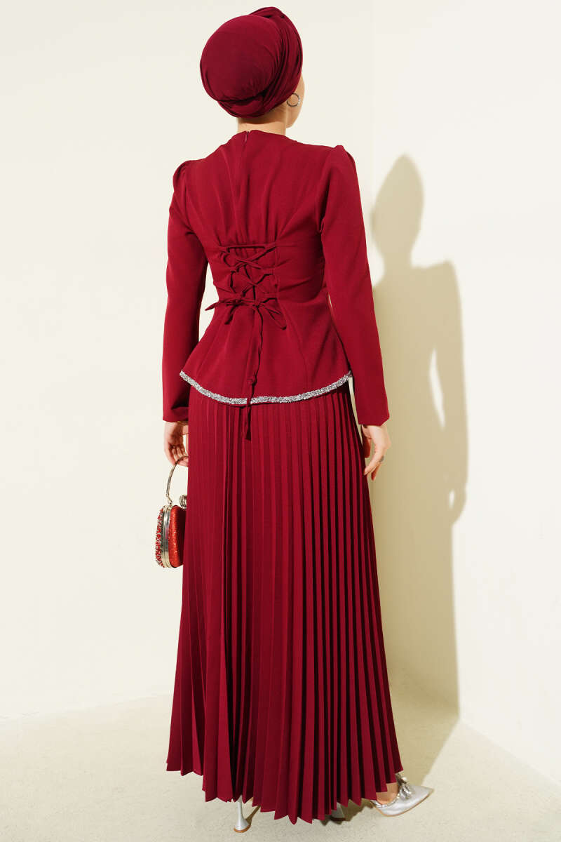 Taş Detaylı Pileli İkili Takım bordo