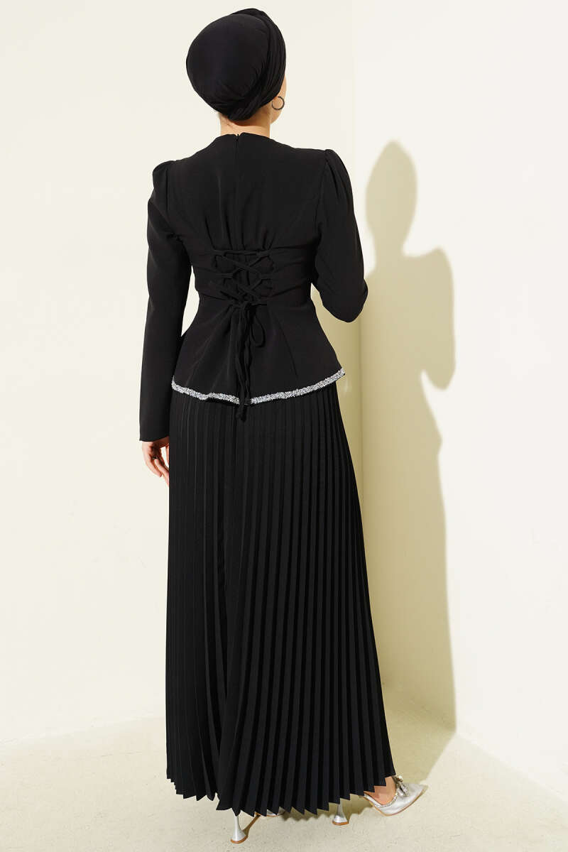 Taş Detaylı Pileli İkili Takım siyah