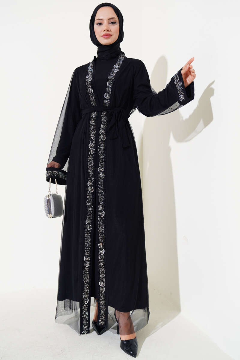 Taşlı Abaya Takım Siyah