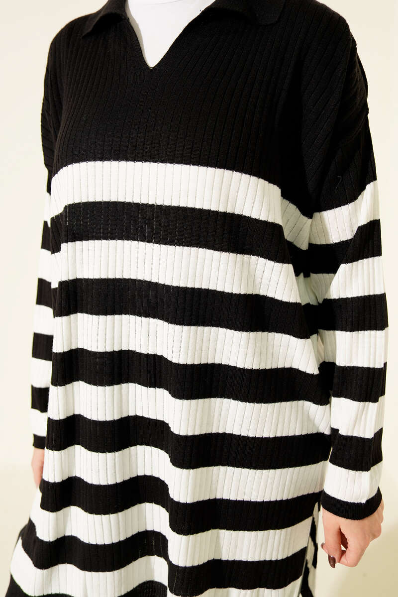 V Yaka Fitilli Çizgili Triko Tunik siyah