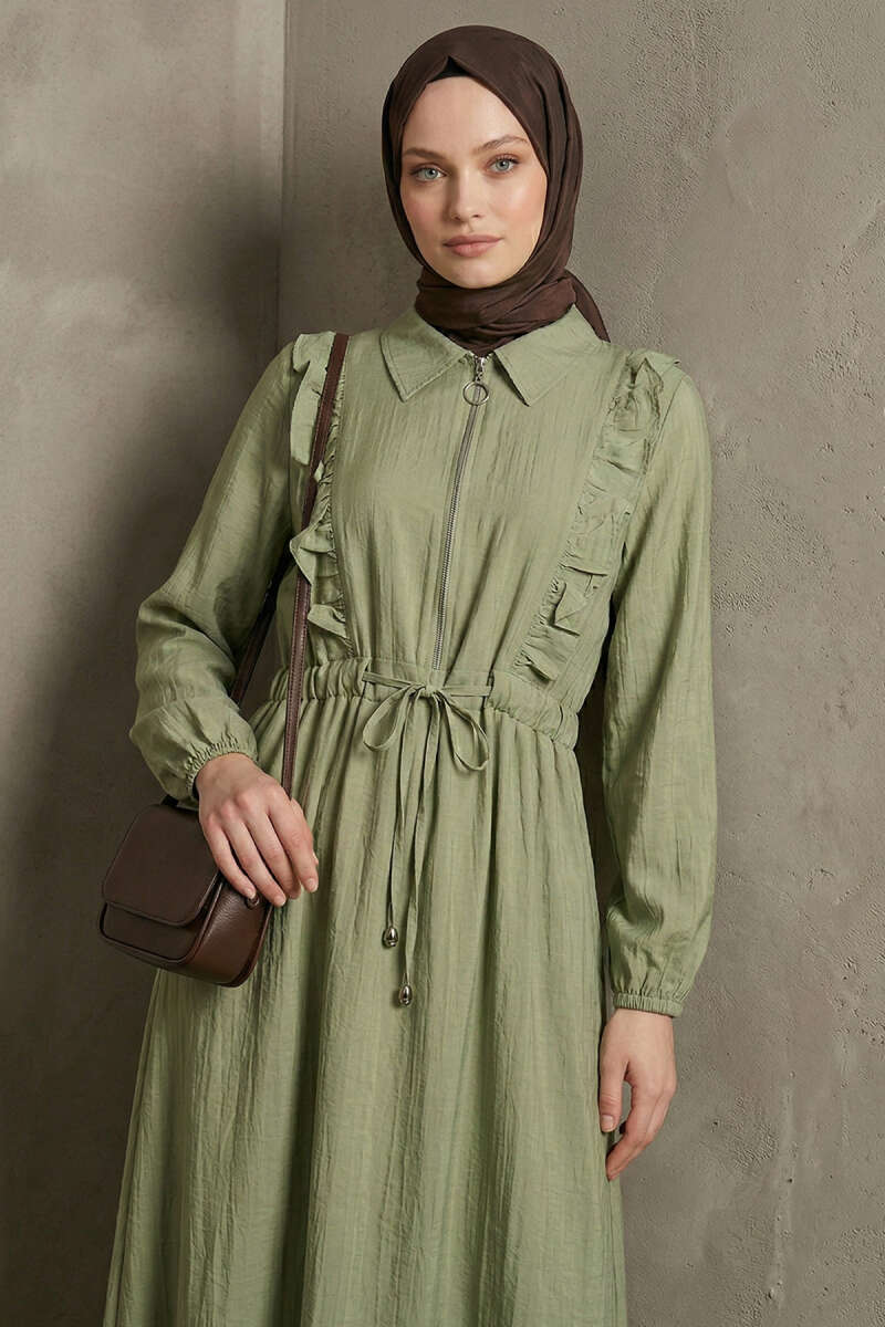 Yaka Fırfırlı Bel Tünelli Elbise cagla yesili