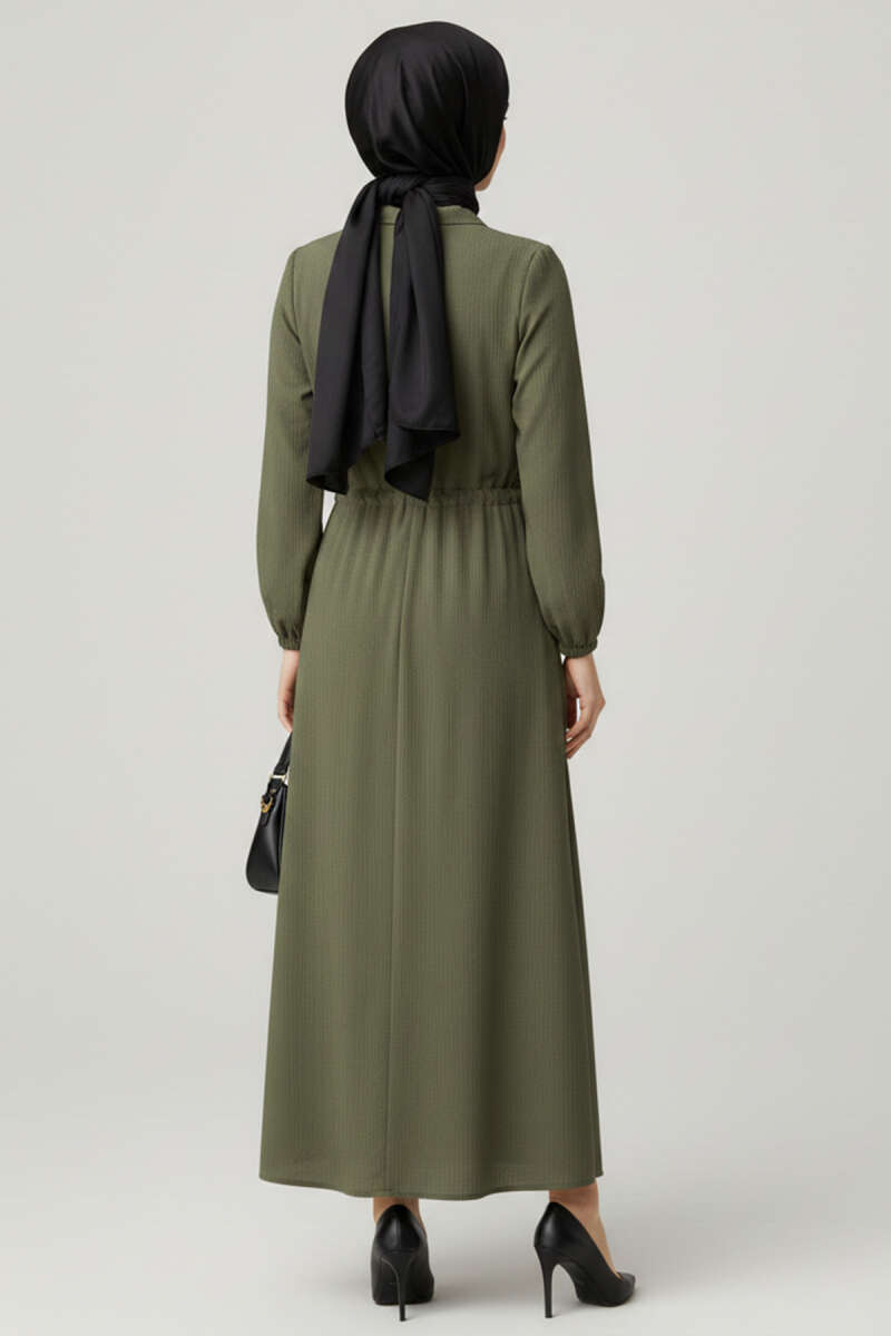 Yaka Fırfırlı Bel Tünelli Elbise haki