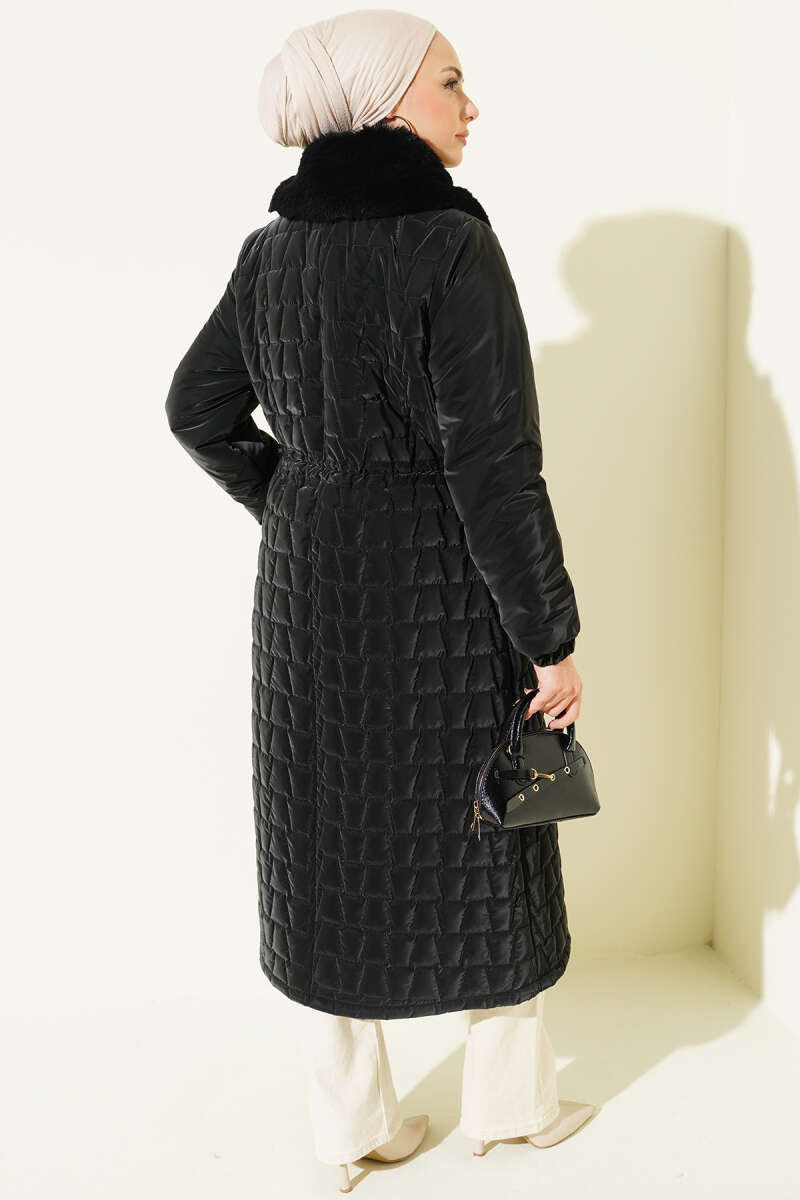 Yaka Kürklü Kapitone Uzun Mont siyah