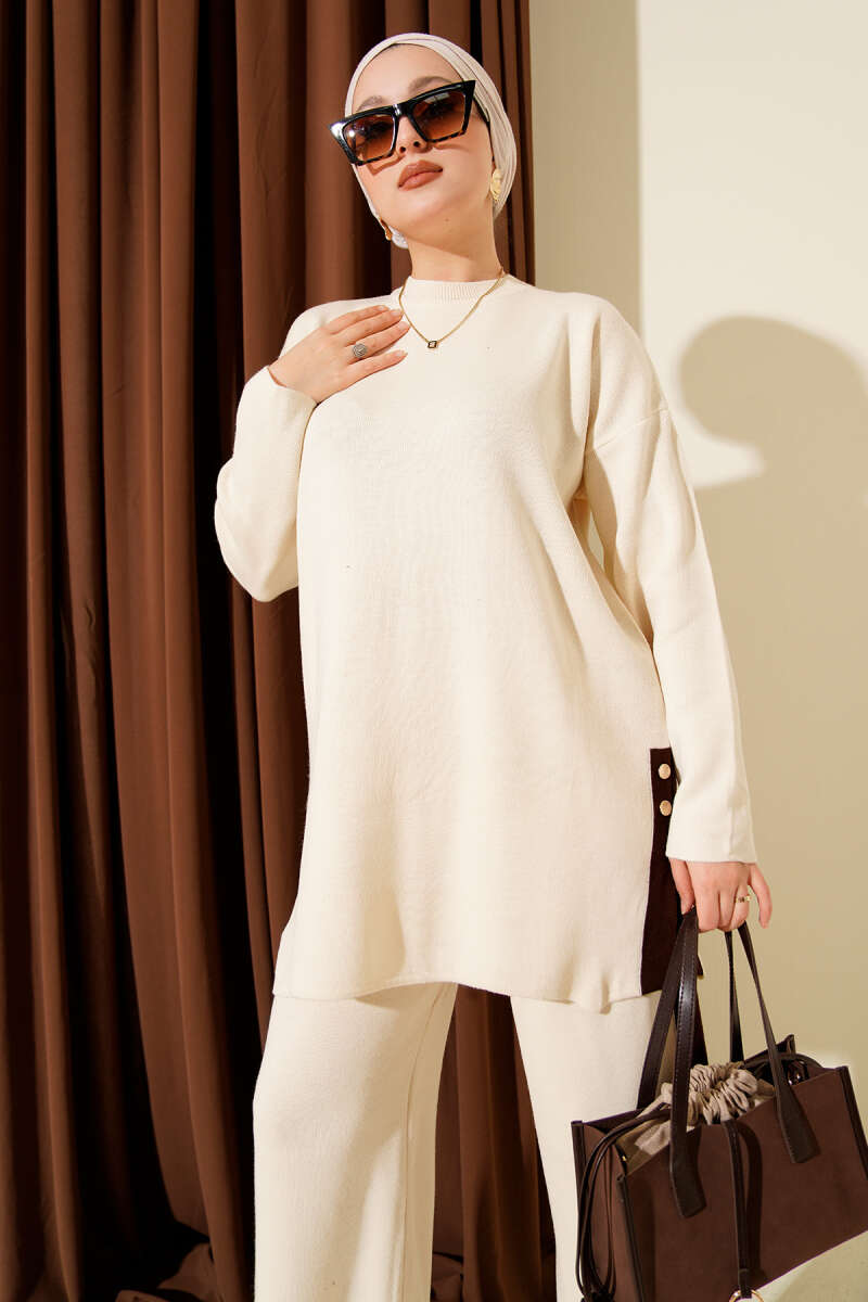 Şerit Detaylı Triko İkili Takım bej