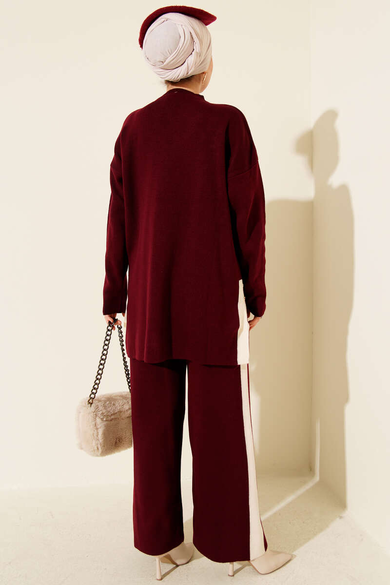 Şerit Detaylı Triko İkili Takım bordo