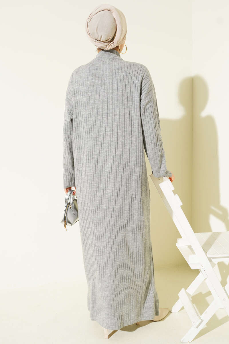 Yarım Fermuarlı Dik Fitilli Triko Elbise gri