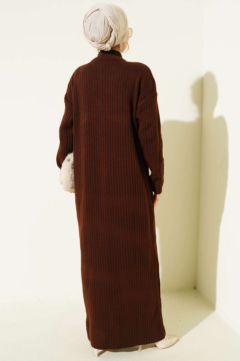 Yarım Fermuarlı Dik Fitilli Triko Elbise Kahverengi