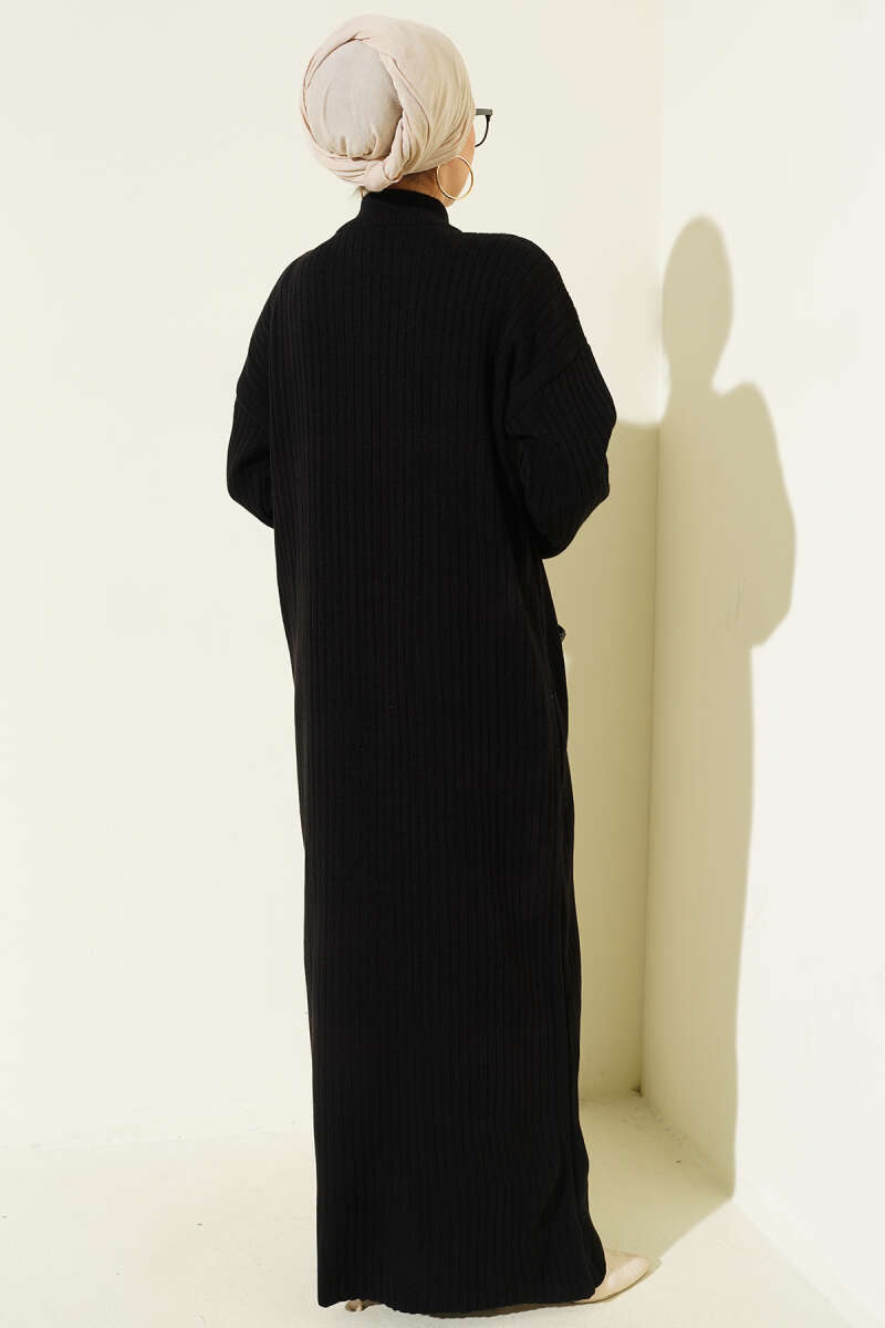 Yarım Fermuarlı Dik Fitilli Triko Elbise siyah