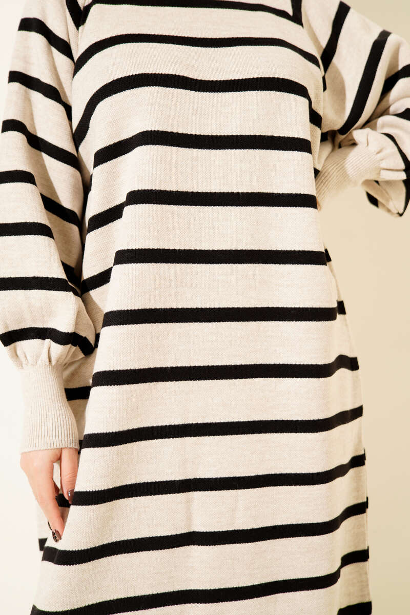 Yatay Çizgili Basic Triko Elbise krem