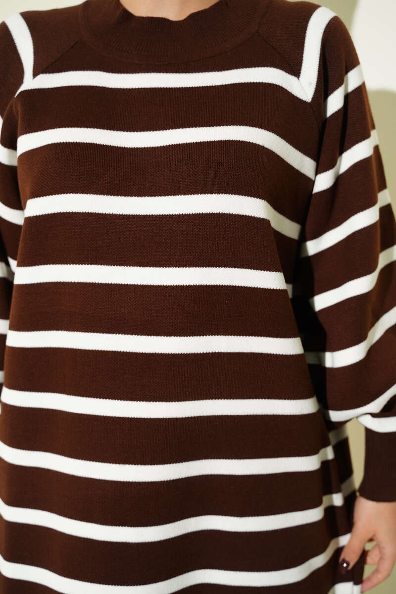 Yatay Çizgili Basic Triko Elbise Kahverengi