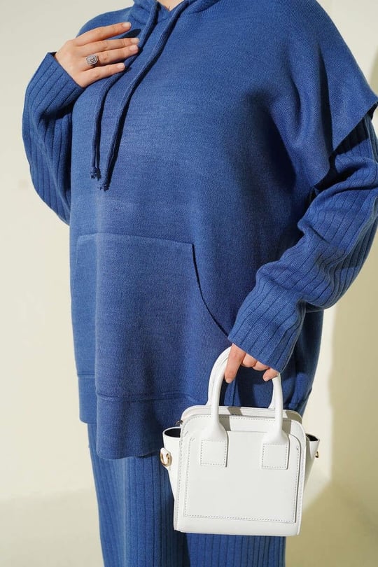 Hooded Sweater Detailed Two-Piece Dress Set Blue