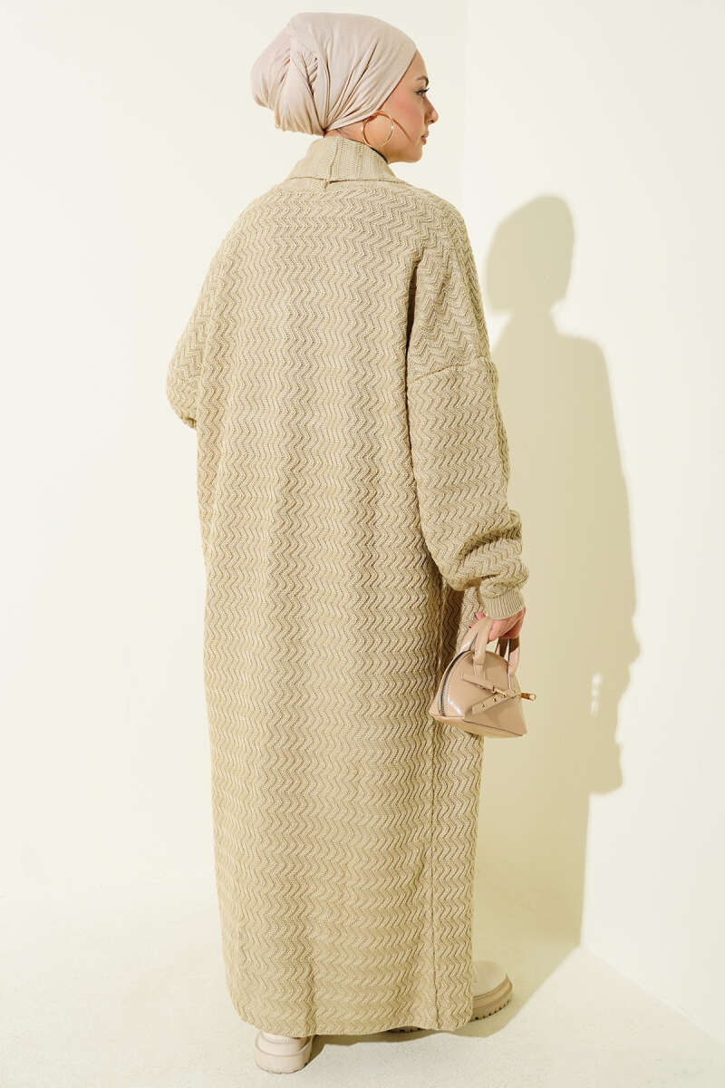 Zigzag Kabartmalı Triko Uzun Hırka