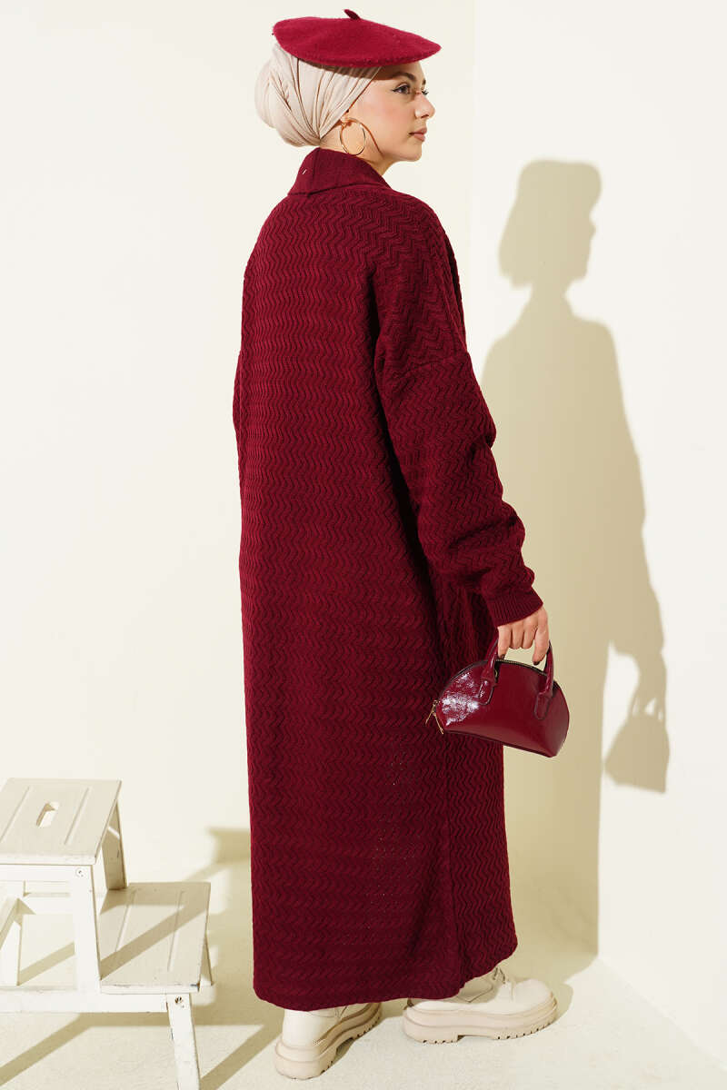 Zigzag Kabartmalı Triko Uzun Hırka bordo